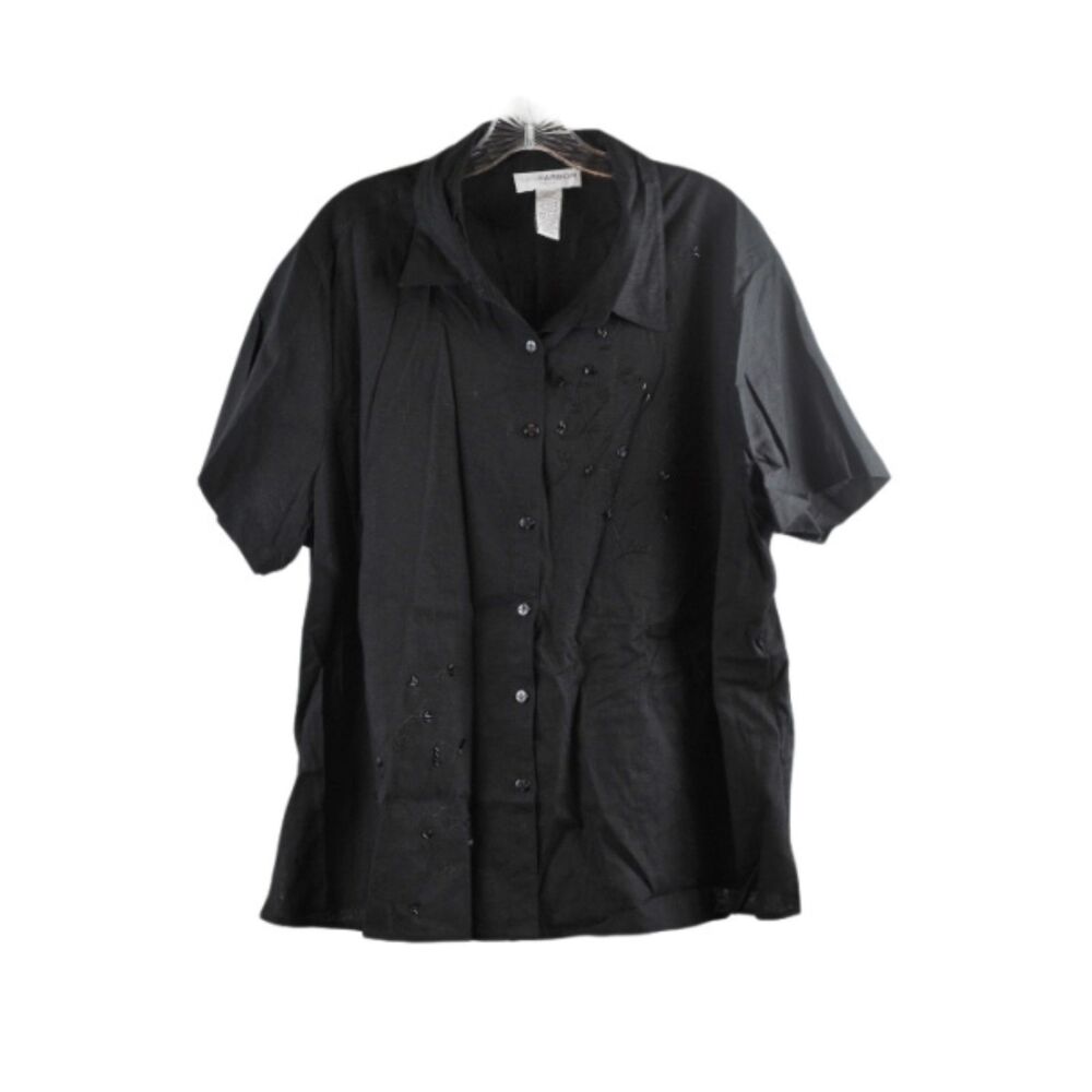 Sag Harbor Black Women's Button Up Blouse Collared Short Sleeve 2X 055